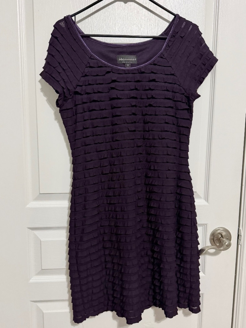 Connected Apparel Deep Purple Short Sleeve Sheath Ruffle Tiered Dress Size 10